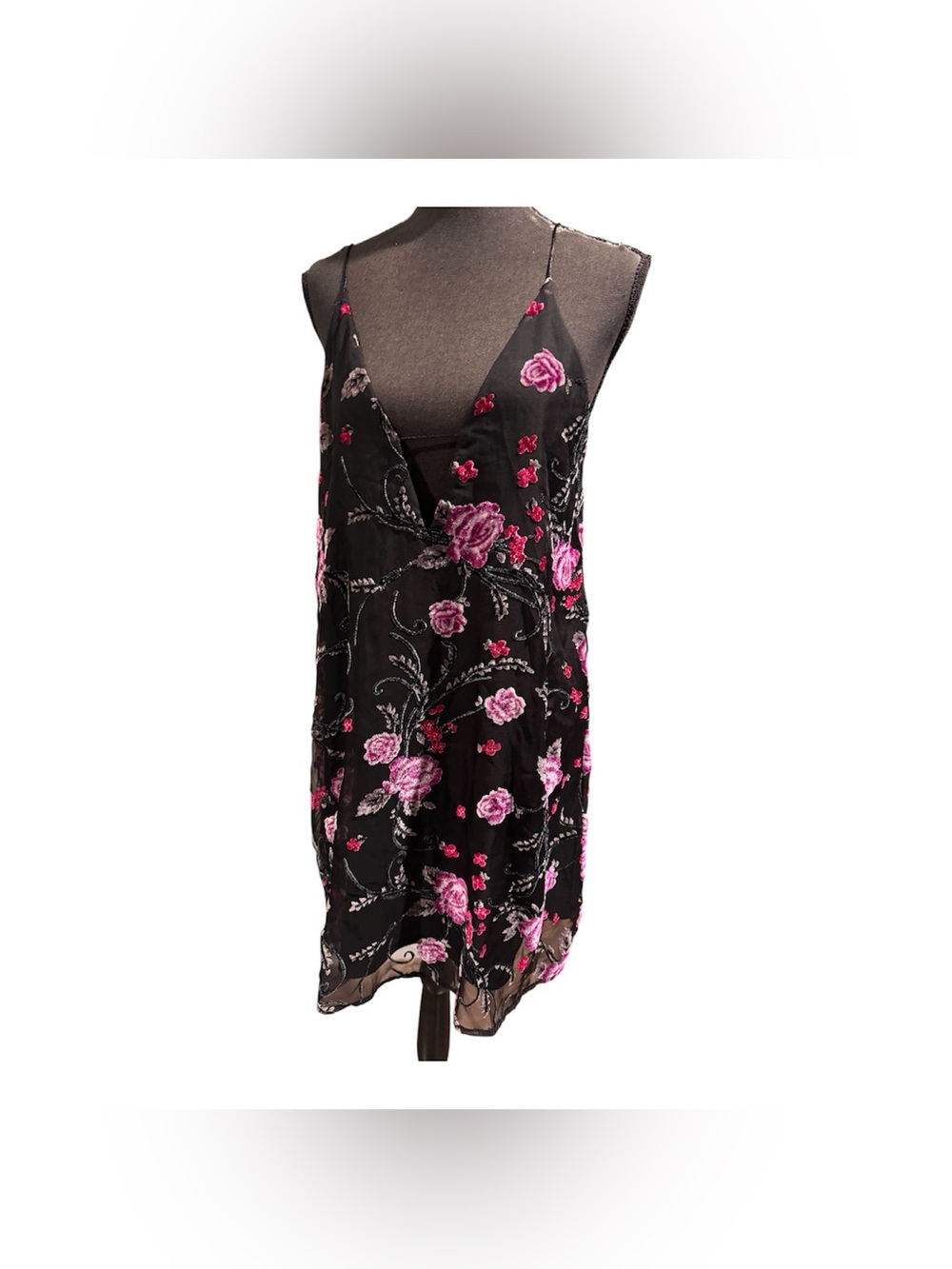 Wild Pearl Black Slip Dress with Pink Floral Embroidery, Size M
